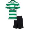 Kids Sporting CP Home Kit 2025/26 front view showing hooped shirt and black shorts
