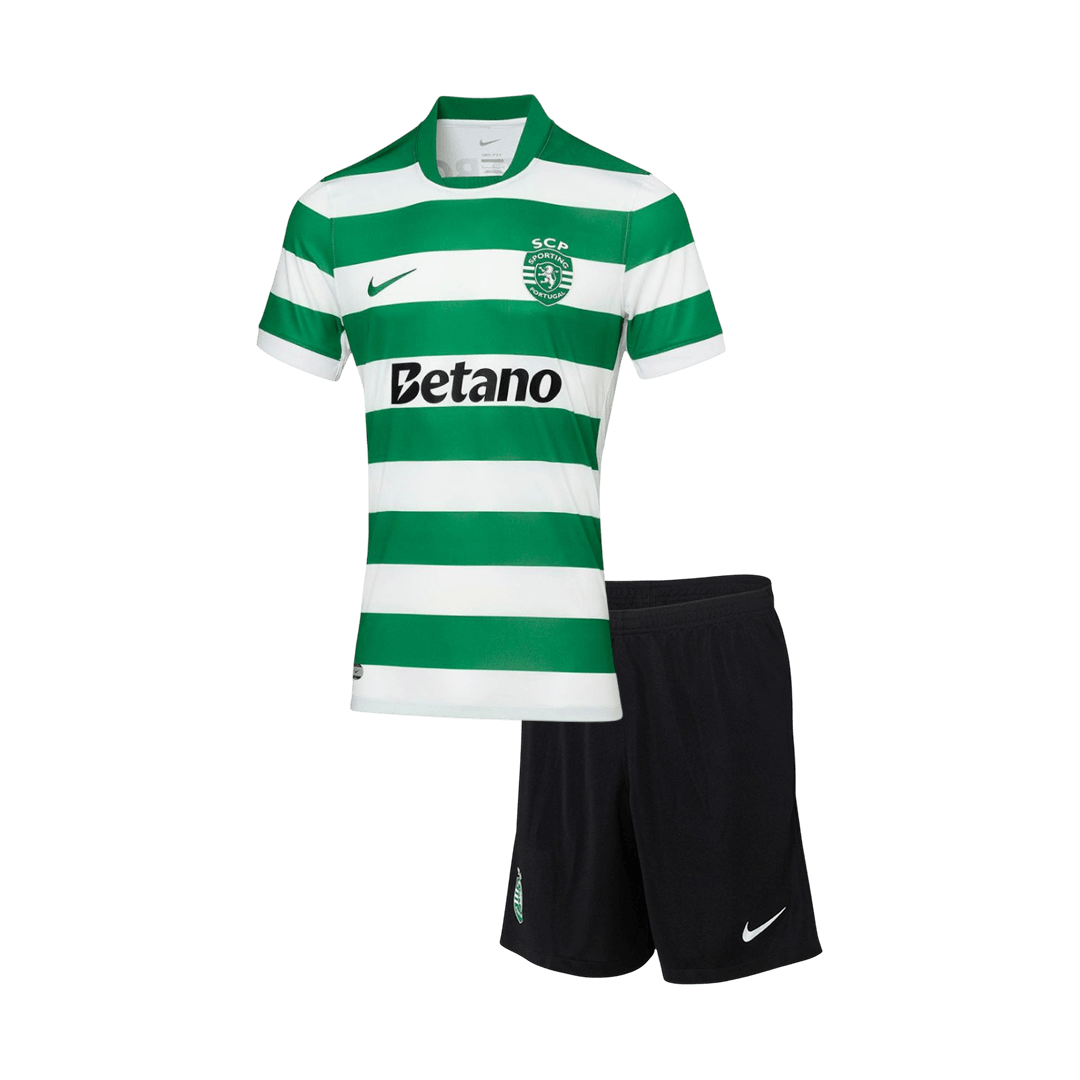 Kids Sporting CP Home Kit 2025/26 Kids Sporting CP Home Kit 2025/26 front view showing hooped shirt and black shorts