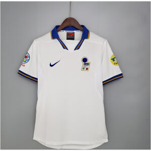 Mens Italy Retro Away Jersey 1996 front view on hanger showing blue spread collar and embroidered FIGC crest