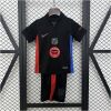 Kids Barcelona away kit black shirt with red and blue side panels front view