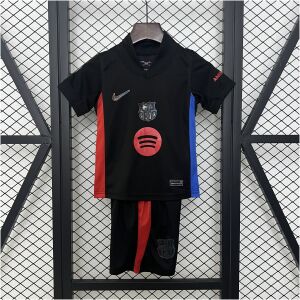 Kids Barcelona Away Kit 2024/25 Kids Barcelona away kit black shirt with red and blue side panels front view
