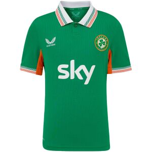 Green women's Ireland home jersey with white collar and striped trim front view