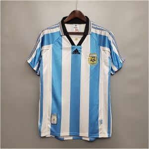 Mens World Cup Argentina Retro Home Jersey 1998 on hanger showing black polo collar and Albiceleste stripes