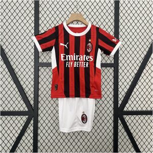 Kids AC Milan Home Kit 2024/25 front view showing striped shirt and shorts
