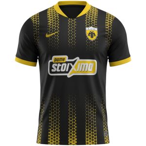 Black AEK Athens away jersey with gold mosaic bands and yellow collar front view