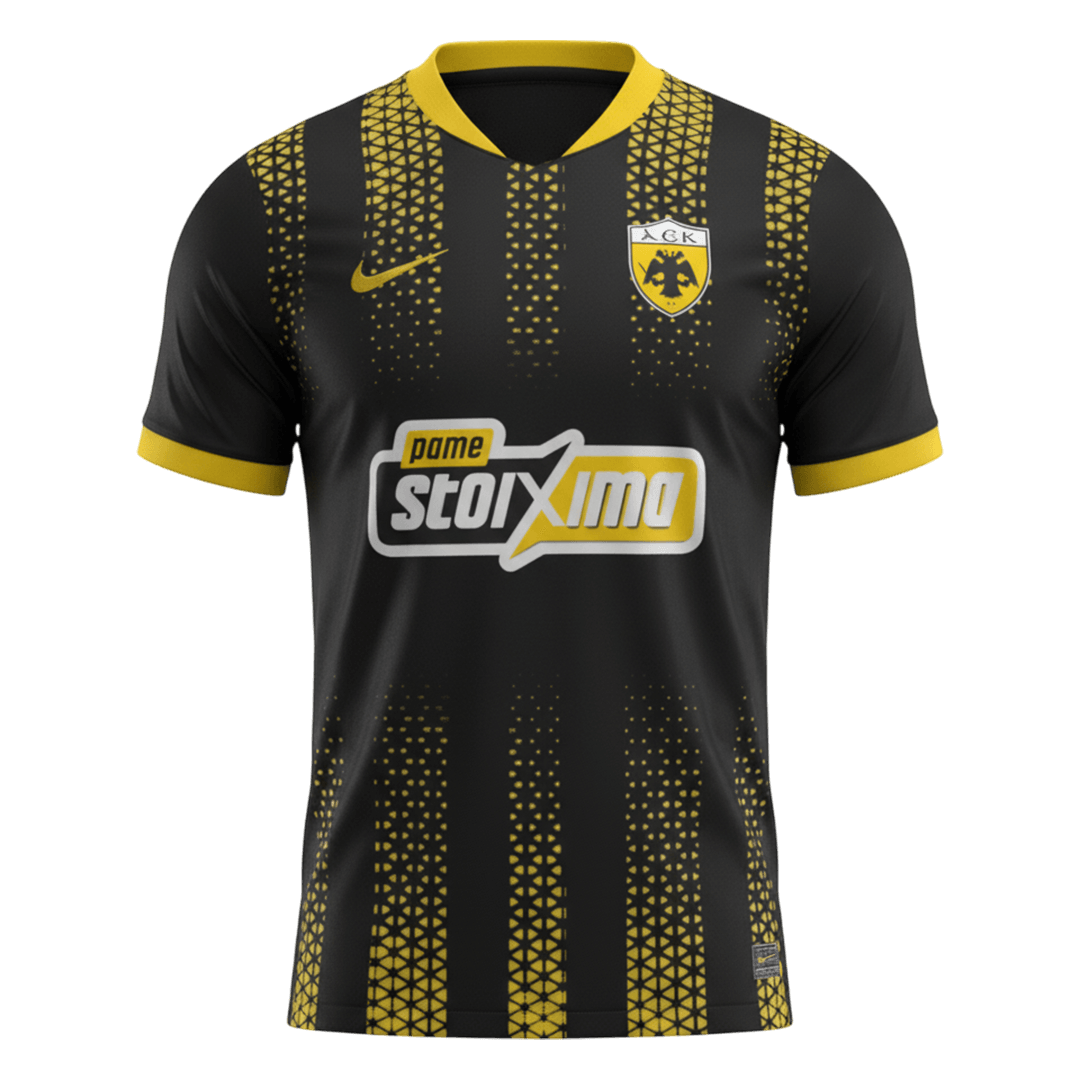 Mens AEK Athens Away Jersey 2025/26 Black AEK Athens away jersey with gold mosaic bands and yellow collar front view
