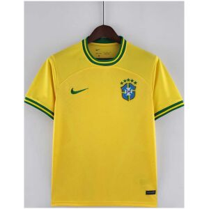 Mens World Cup Brazil Concept Yellow Jersey 2022 on hanger showing yellow body with striped green cuffs