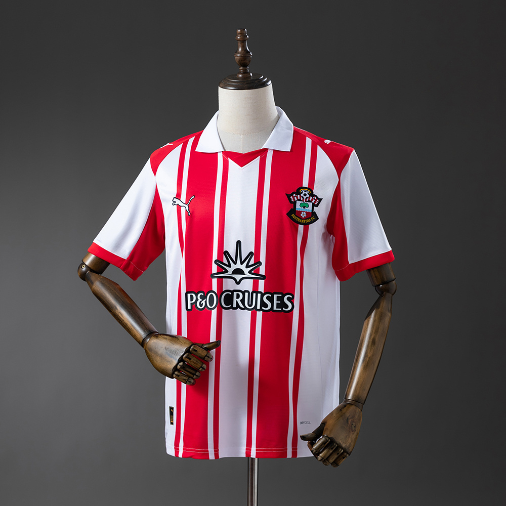 Mens Southampton Home Jersey 2025/26 Mens Southampton Home Jersey 2025/26 on mannequin showing red and white stripes with white polo collar