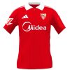 Red Sevilla FC away shirt with white polo collar and Midea sponsor front view