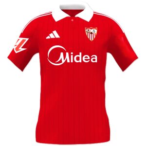 Red Sevilla FC away shirt with white polo collar and Midea sponsor front view