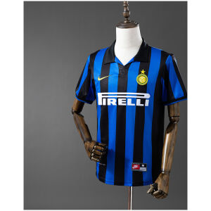 Mens Inter Milan Retro Home Jersey 1998/99 on hanger showing blue and black stripes with PIRELLI sponsor