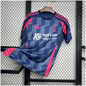 Mens Nottingham Forest Away Jersey 2024/25 laid flat showing navy body with diagonal dashed stripes and neon pink details