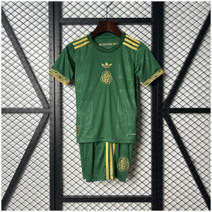 Kids Mexico Gold Cup green Kit 2025 on hanger showing emerald green shirt with gold crest and shorts