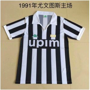 Mens Juventus Retro Home Jersey 1991/92 laid flat showing black and white vertical stripes with Upim sponsor