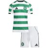 Kids Celtic Home Kit 2025/26 front view showing hooped shirt and white shorts