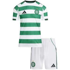 Kids Celtic Home Kit 2025/26 front view showing hooped shirt and white shorts