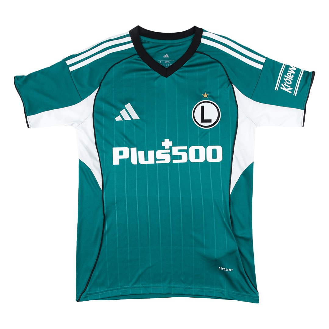 Mens Legia Warszawa Away Jersey 2025/26 Mens Legia Warszawa away jersey with teal pinstripes and Plus500 sponsor front view