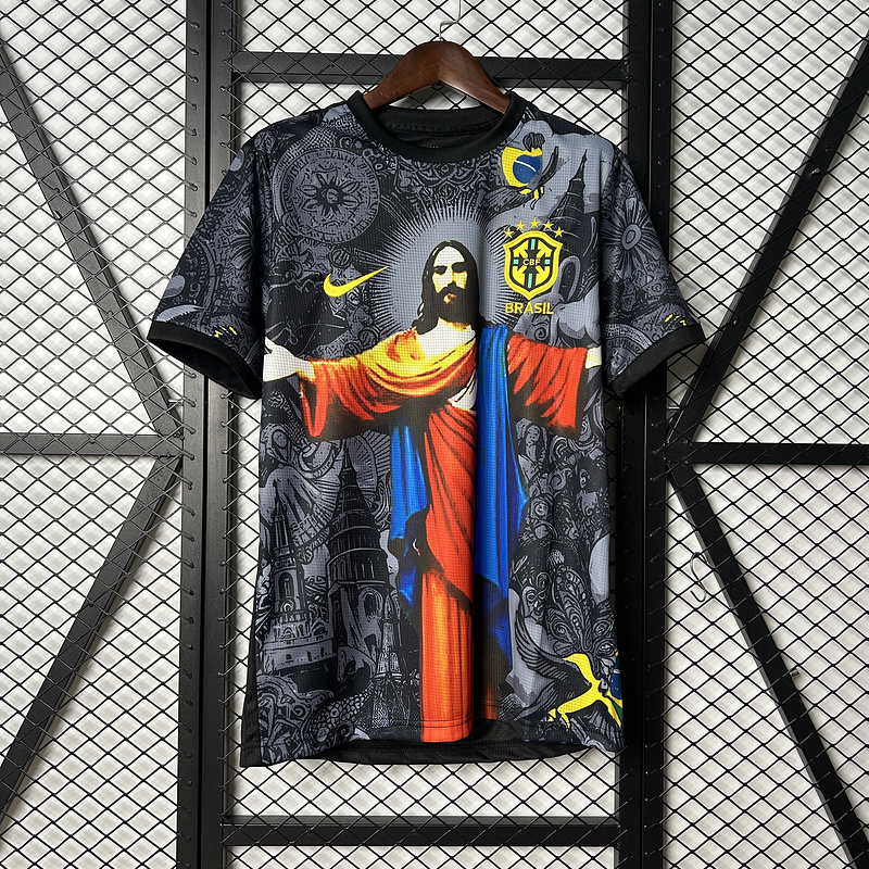 Mens Brazil Black Jesus special Jersey 2025 Mens Brazil Black Jesus special Jersey 2025 on hanger showing black body with central Jesus portrait