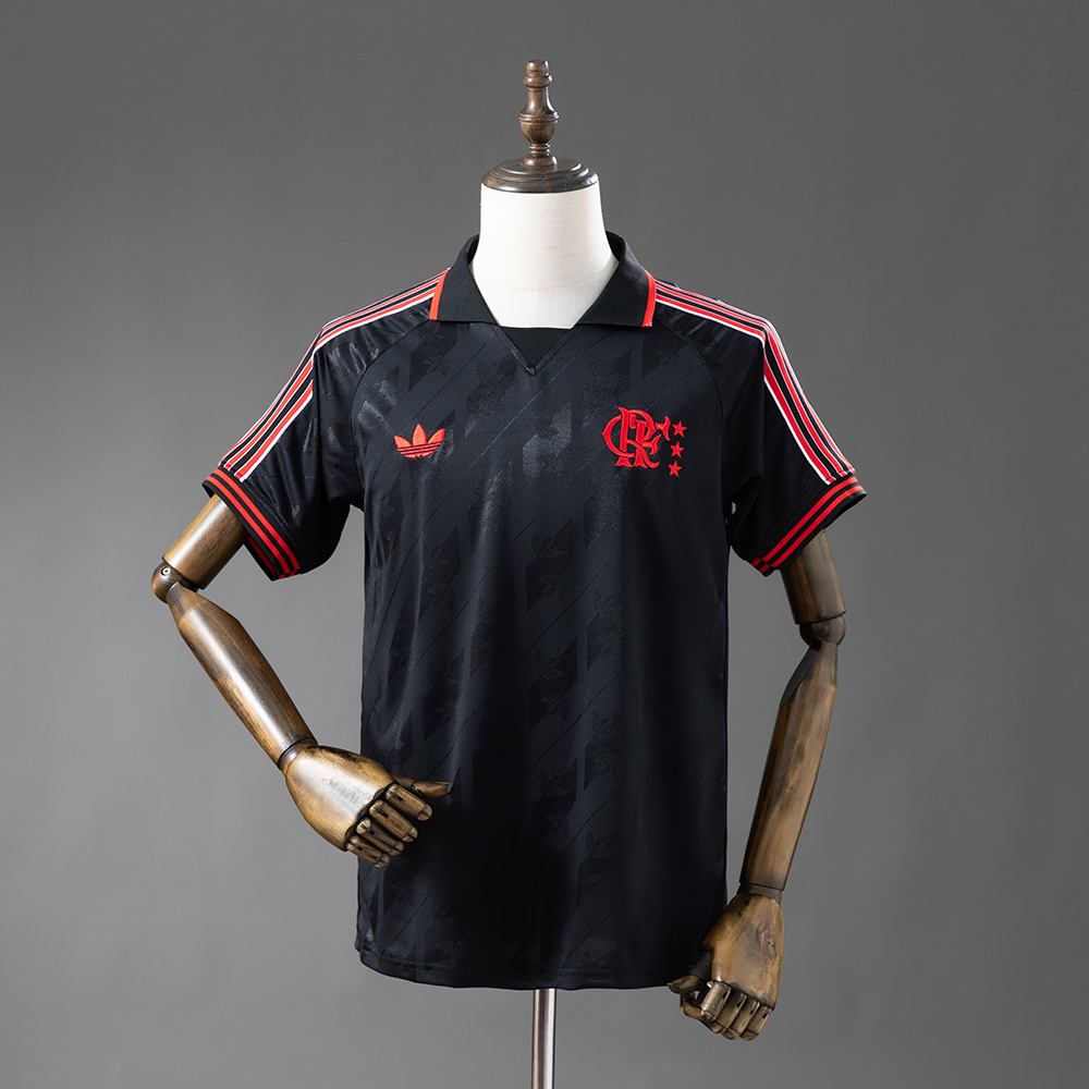 Mens Flamengo Lifestyler Black Retro Jersey 2025/26 Mens Flamengo Lifestyler Black Retro Jersey 2025/26 front view with polo collar