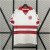 Mens Denmark Retro Away Jersey 1988 front view on hanger showing white body with twin red horizontal bands