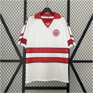 Mens Denmark Retro Away Jersey 1988 front view on hanger showing white body with twin red horizontal bands
