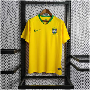 Mens World Cup Brazil Retro Home Jersey 2018 on hanger showing Samba Gold yellow body and green collar
