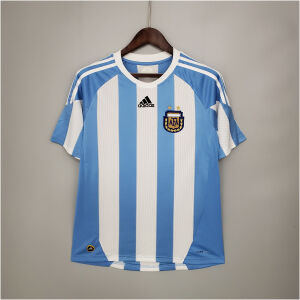 Mens World Cup Argentina Retro Home Jersey 2010 on hanger showing sky blue sleeves and Albiceleste stripes