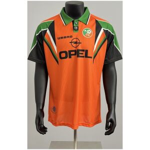 Mens Ireland Orange Retro Jersey 1997 front view on mannequin showing polo collar and orange pinstripe body
