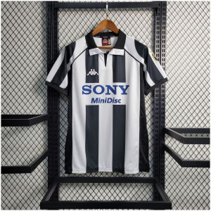 Mens Juventus Retro Home Jersey 1997/98 on hanger showing black and white stripes with SONY MiniDisc sponsor