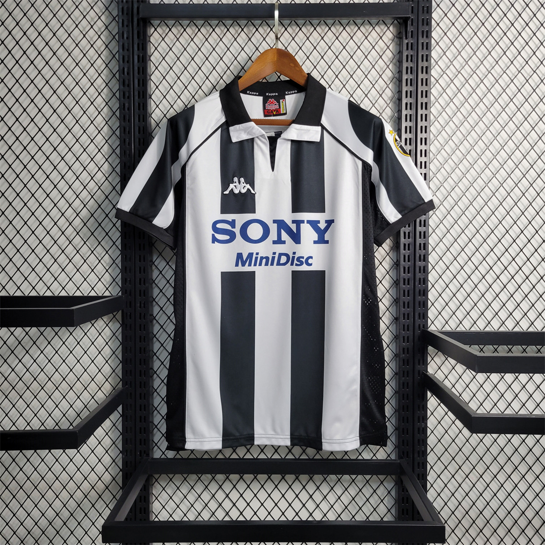 Mens Juventus Retro Home Jersey 1997/98 Mens Juventus Retro Home Jersey 1997/98 on hanger showing black and white stripes with SONY MiniDisc sponsor
