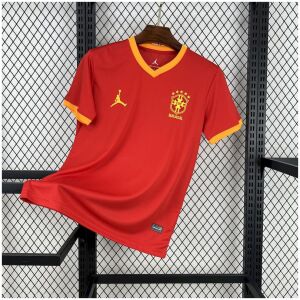 Mens Brazil Jordan Red Special Edition Jersey 2025 on hanger showing scarlet red body with yellow trims