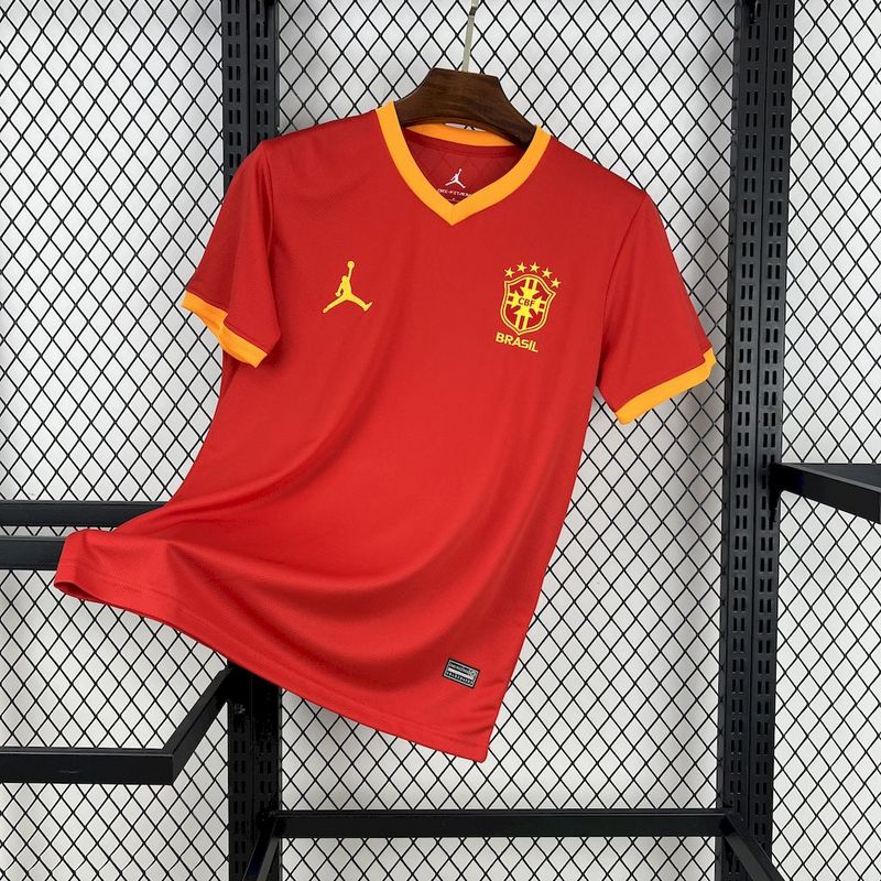Mens Brazil Jordan Red Special Edition Jersey 2025 Mens Brazil Jordan Red Special Edition Jersey 2025 on hanger showing scarlet red body with yellow trims