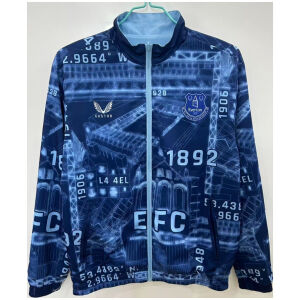 Mens Everton blue reversible Windbreaker 2025/26 on hanger showing dark blue Goodison Park blueprint print and sky blue zipper