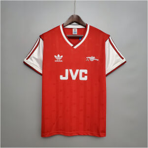 Mens Arsenal Retro Home Jersey 1988/89 on hanger showing red shadow-stripe body with white sleeves and JVC sponsor