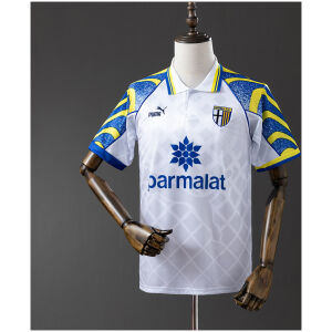 Mens Parma Retro Away Jersey 1995/96 Mens Parma Retro Away Jersey 1995/96 on hanger showing white body and blue paint-splatter flame sleeves