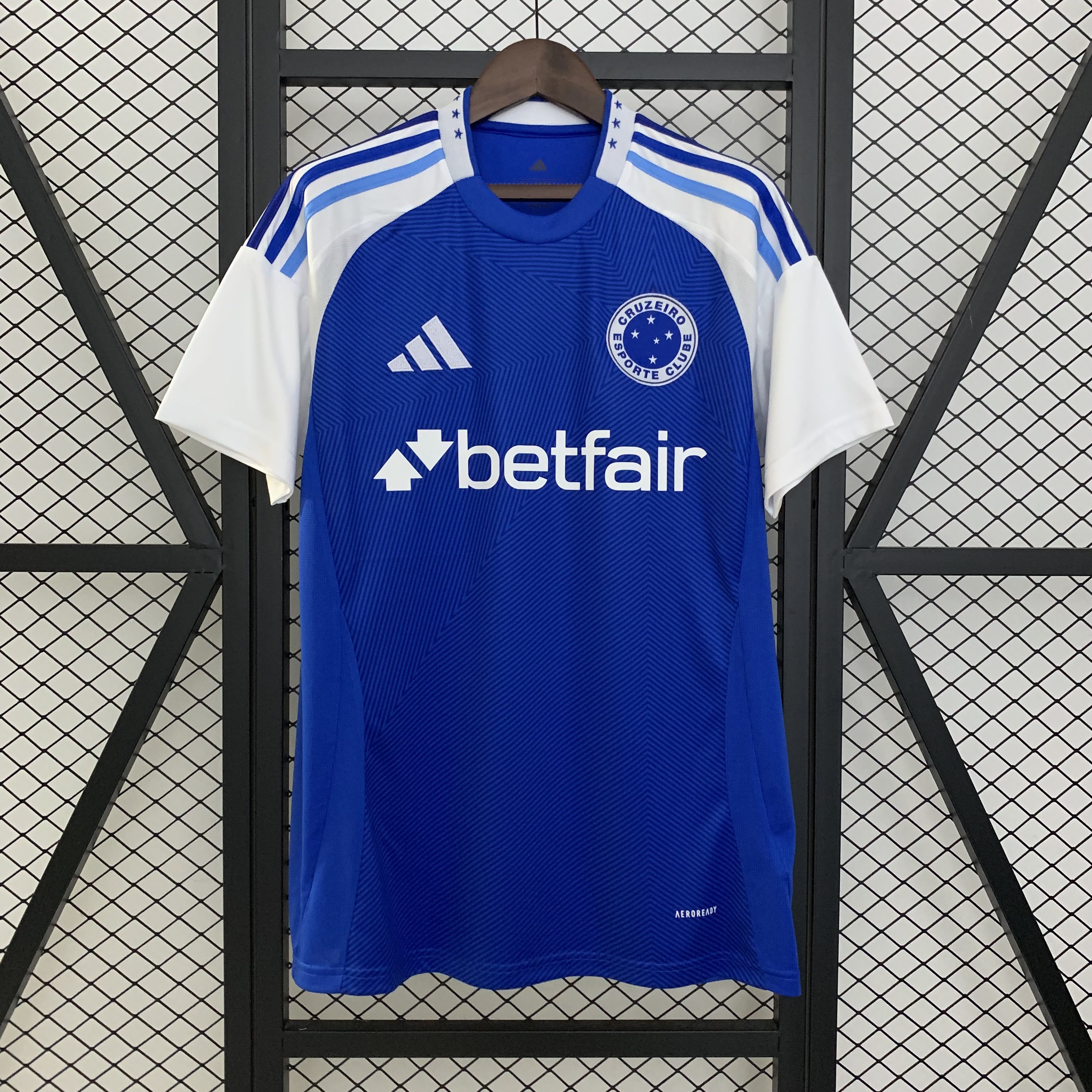 Mens Cruzeiro All Sponsors Home Jersey 2025/26 Mens Cruzeiro All Sponsors Home Jersey 2025/26 front view on display