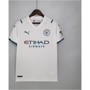 Mens Manchester City Away Jersey 2021/22 on hanger showing white body with teal shoulder accents and iridescent sponsor