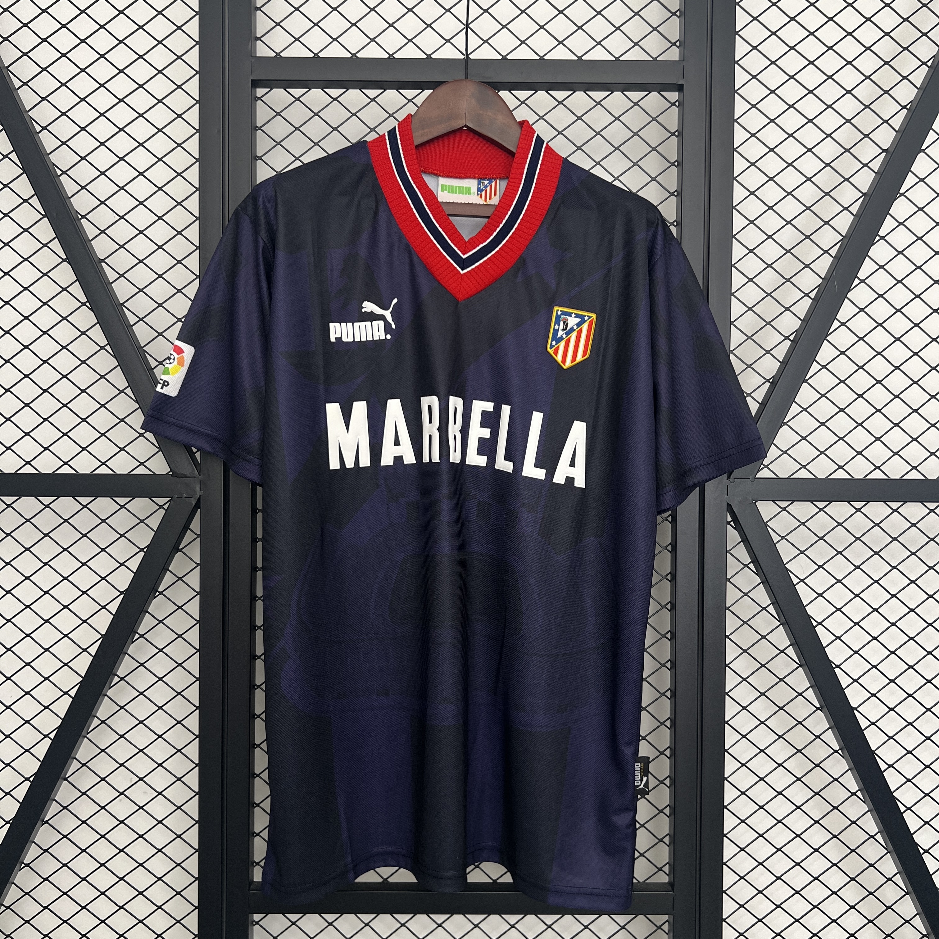 Mens Atletico Madrid Retro Third Jersey 1995/96 Mens Atletico Madrid Retro Third Jersey 1995/96 front view on display