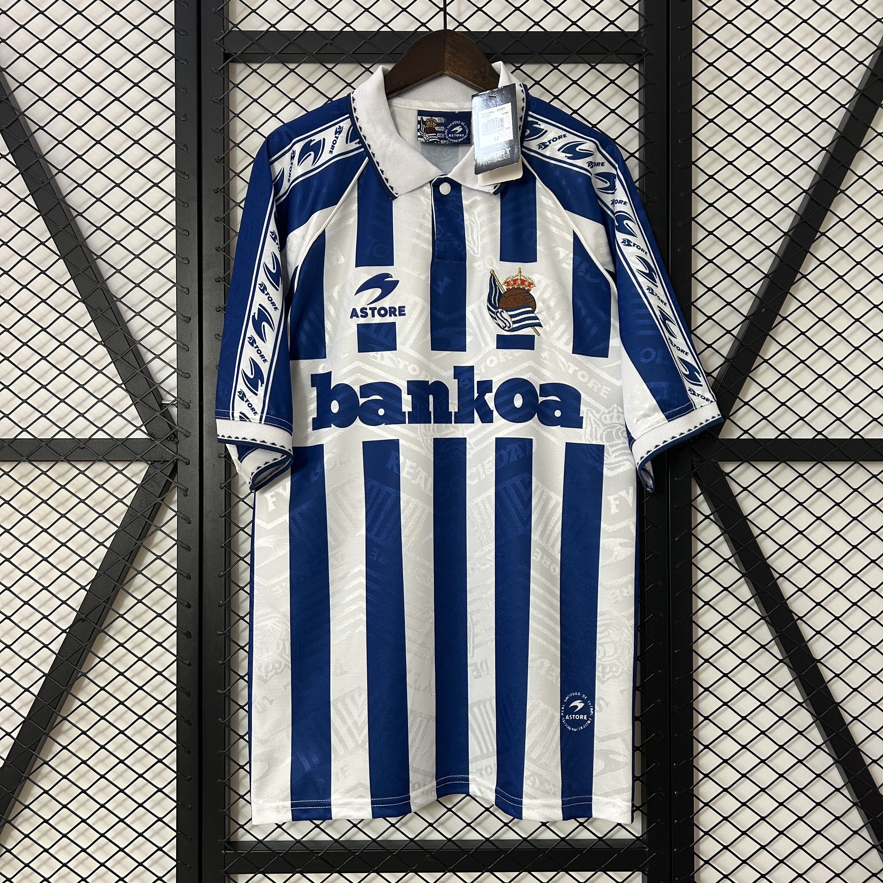 Mens Real Sociedad Retro Home Jersey 1994/95 Mens Real Sociedad Retro Home Jersey 1994/95 front view on display