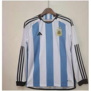 Mens Argentina 2 stars s Long Sleeve Home Jersey 2022 on hanger showing sky blue and white striped sleeves