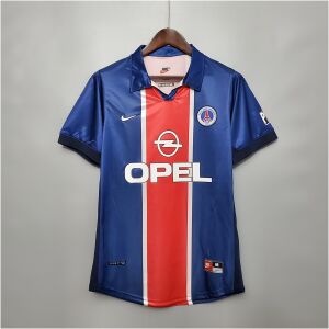 Mens PSG Retro Home Jersey 1998/99 on hanger showing royal blue body with central red Hechter stripe and OPEL logo