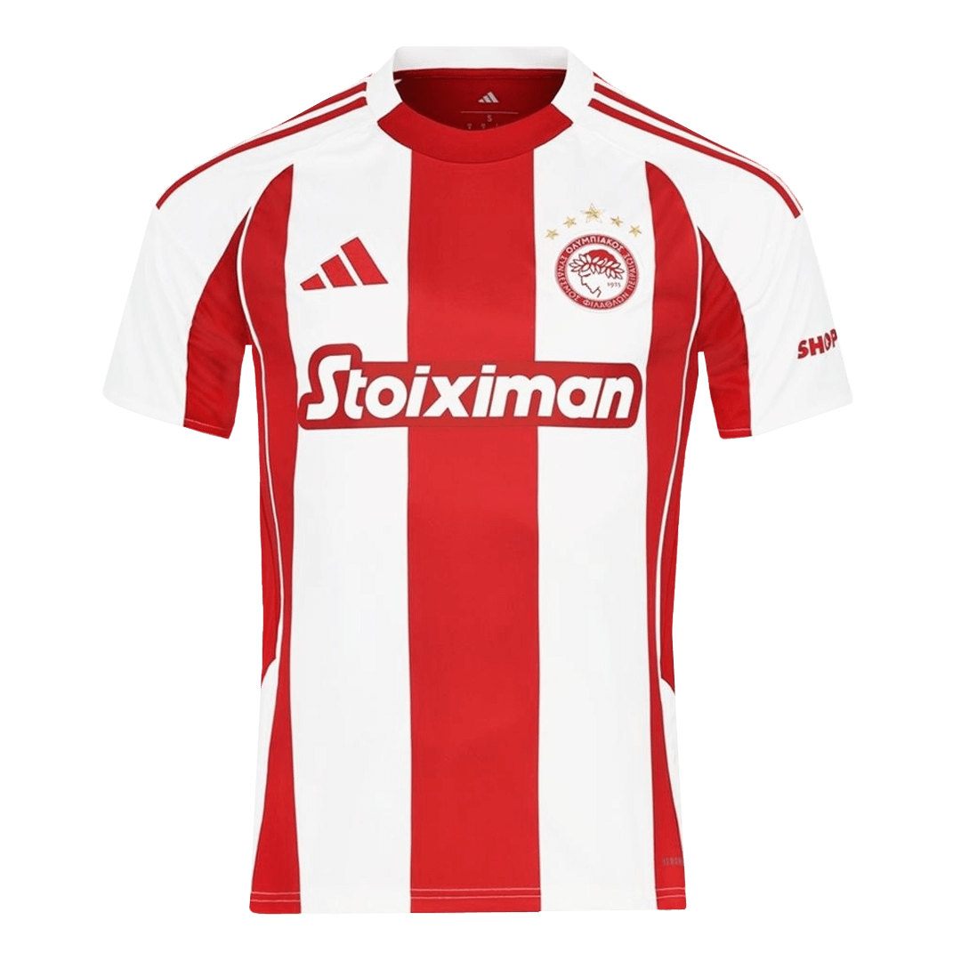 Mens Olympiacos Home Jersey 2025/26 Mens Olympiacos Home Jersey 2025/26 front view in red and white stripes