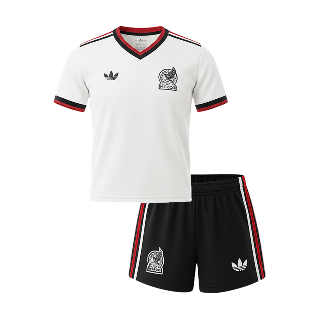 Kids Mexico Futbol World Cup Away Jersey 2026 White Mexico kids away jersey with black and red trim front view