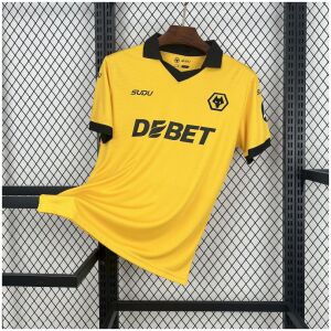 Mens Wolves Home Jersey 2025/26 Mens Wolves Home Jersey 2025/26 on hanger showing old gold amber knit with black polo collar and central crest