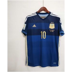 Mens World Cup Argentina Retro Away Jersey 2014 on hanger showing navy horizontal hoops and gold number 10