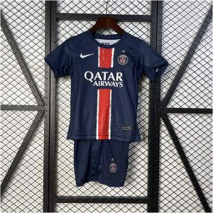 Kids PSG Champion Edition Home Kit 2024/25 showing youth jersey with gold star crest and matching navy shorts