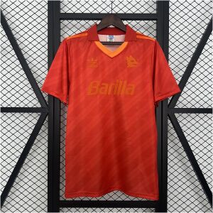 Mens Roma Retro Third Jersey 1992/94 on hanger showing coral red jacquard with diagonal shadow stripes
