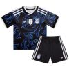 Front view of the Kids Argentina World Cup Away Kit 2026 showing the blue swirl jersey and matching black shorts