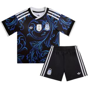Kids Argentina World Cup Away Kit 2026 Front view of the Kids Argentina World Cup Away Kit 2026 showing the blue swirl jersey and matching black shorts