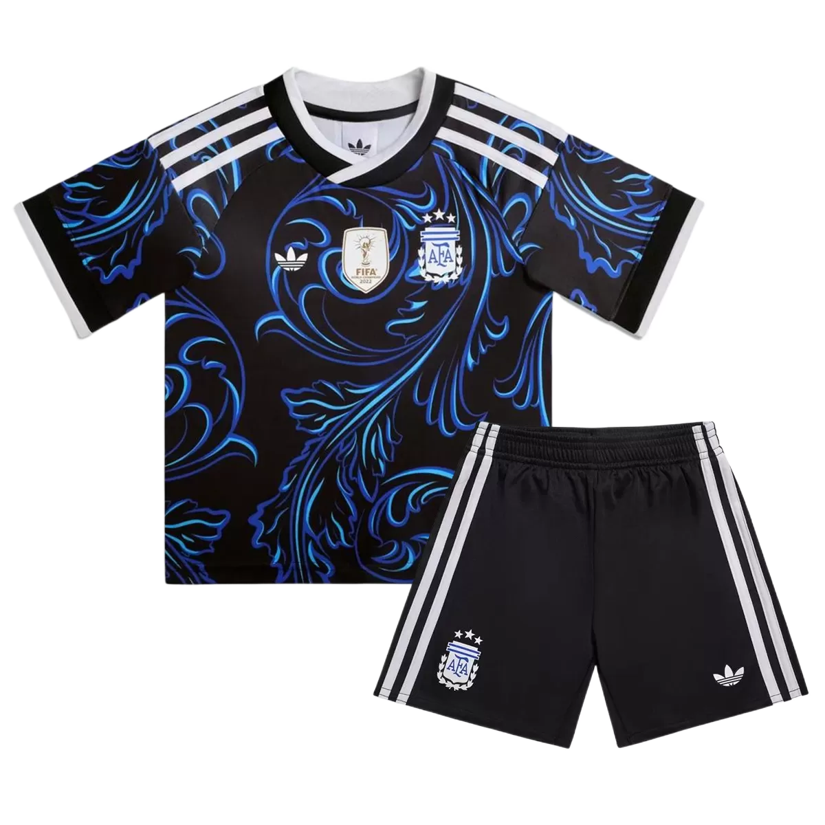 Kids Argentina World Cup Away Kit 2026 Front view of the Kids Argentina World Cup Away Kit 2026 showing the blue swirl jersey and matching black shorts